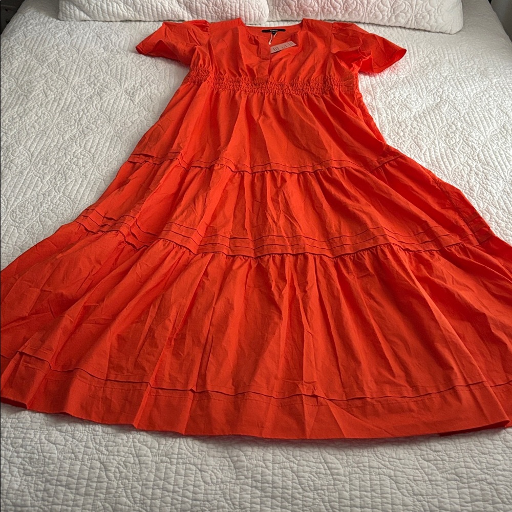 NWT Quince 100% Organic Cotton Poplin Tiered Maxi Dress Vermillion Red Size XL - Picture 10 of 15
